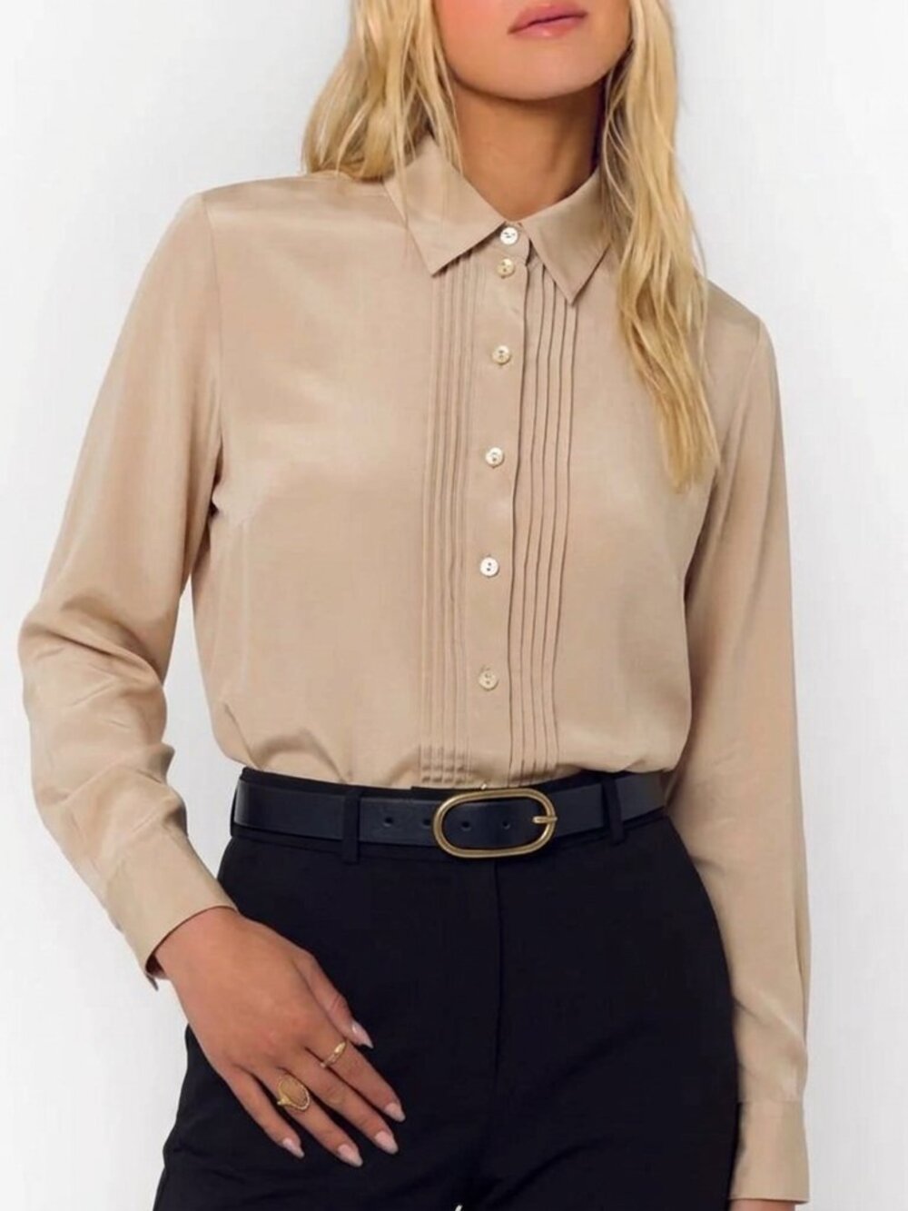 Renato Balestra Linea Donna Italian Pintuck Blouse Shirt — Bisque 46 French Cuff